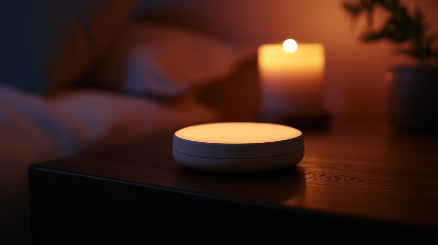 The Resonance One device resting on a dark wood bedside table, a warm amber glow rising from its top surface